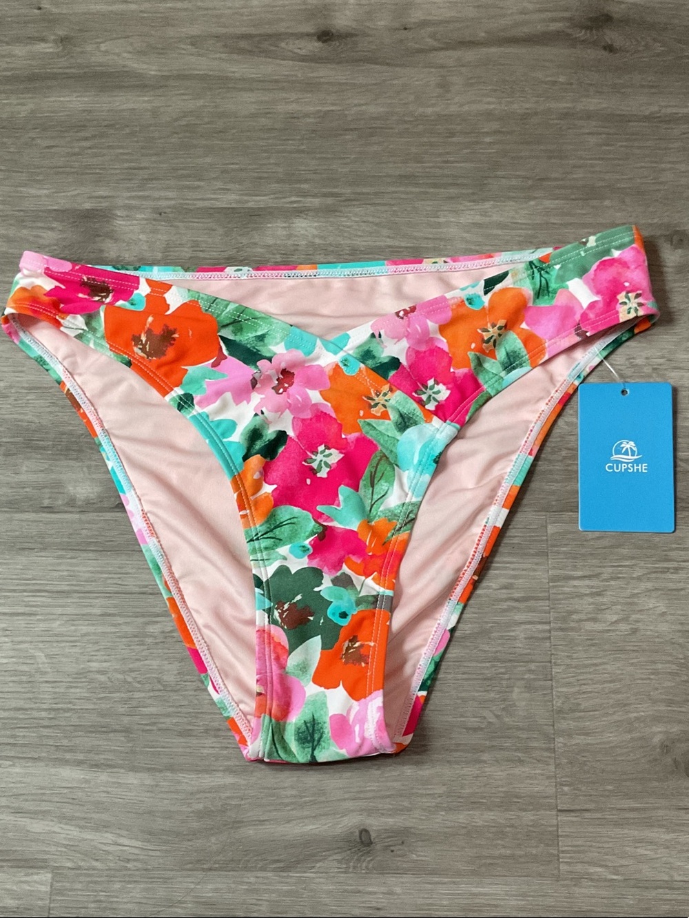 CUPSHE Pink Floral High-Cut Bikini Bottom with Orange & Green Accents